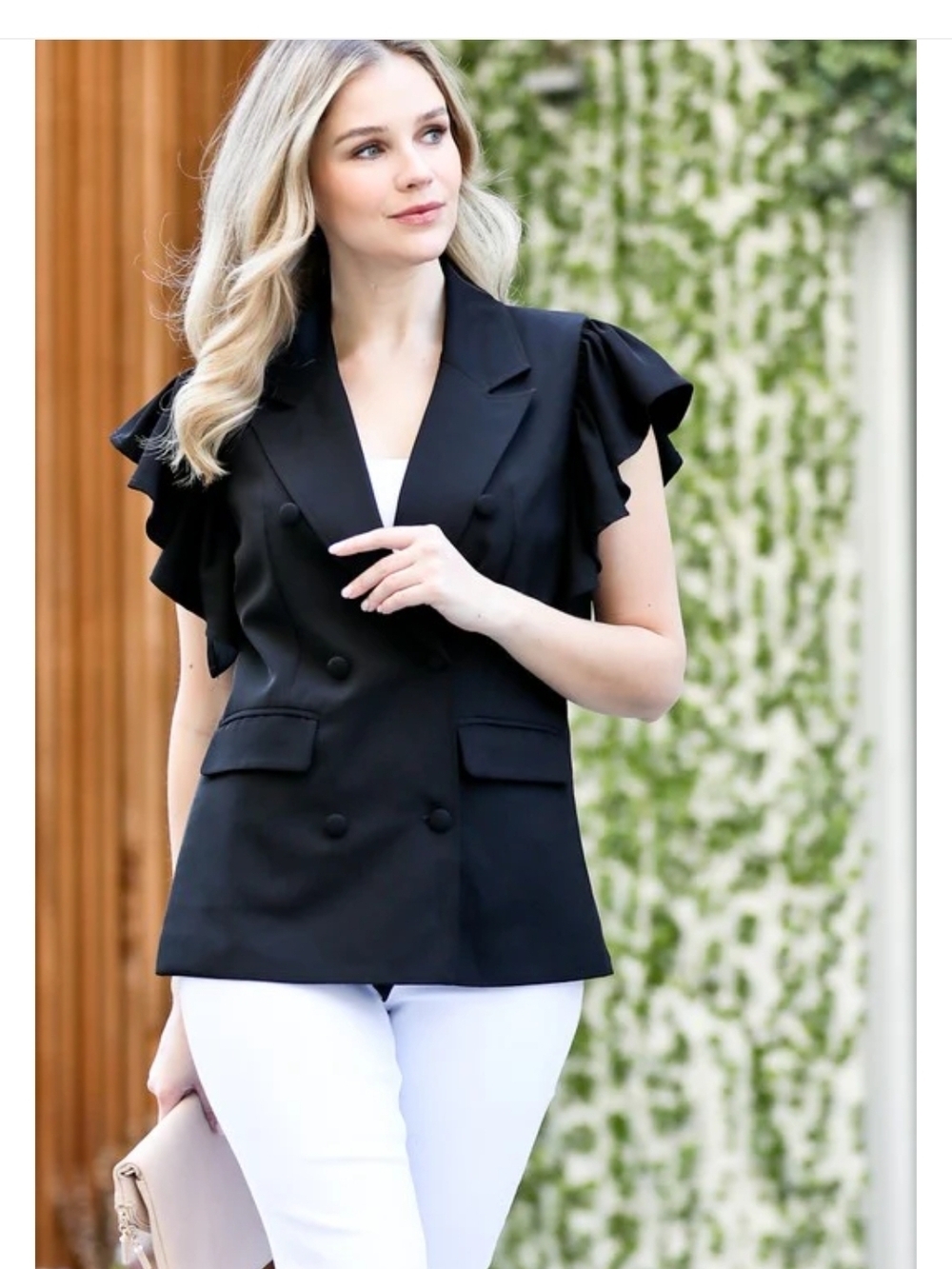Mazik Black Ruffle-Sleeve Double-Breasted Blazer